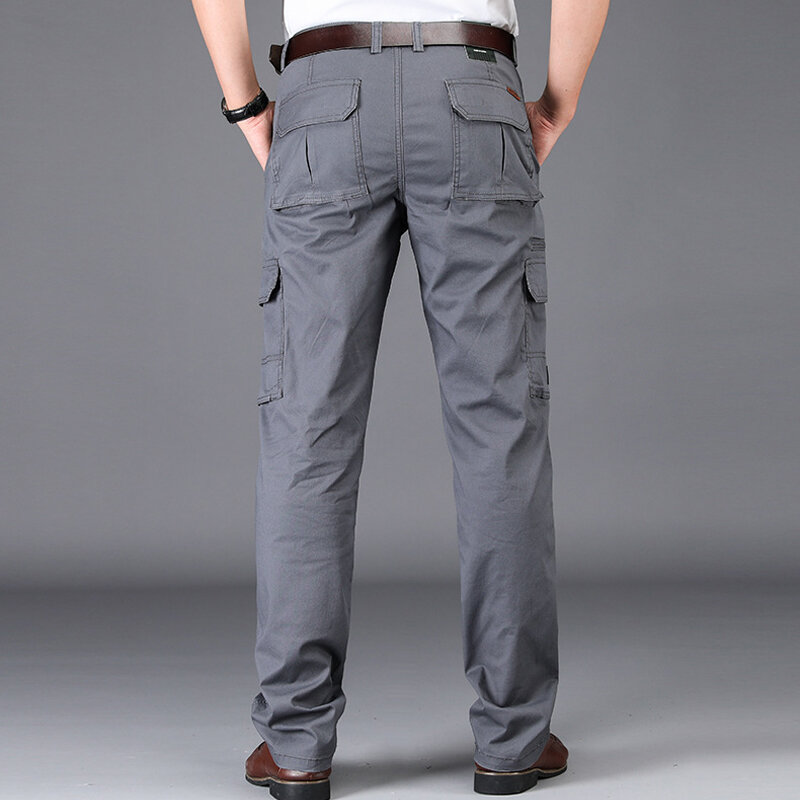 2024 New Workwear Khaki Pants For Men Summer Youth Casual Straight Multiple Pockets Simple Solid Color Outdoor Cargo Trousers