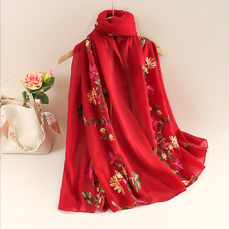 Lenço de linho e algodão feminino, bandana bordada gradiente, xale longo elegante, hijab, proteção solar de verão, foulard, 2024