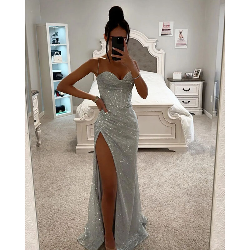 Fashion Silver Prom Dresses Spaghetti Evening Gowns Thigh Slit Pleats Sheath Formal Red Carpet Long Special Occasion Party Dress