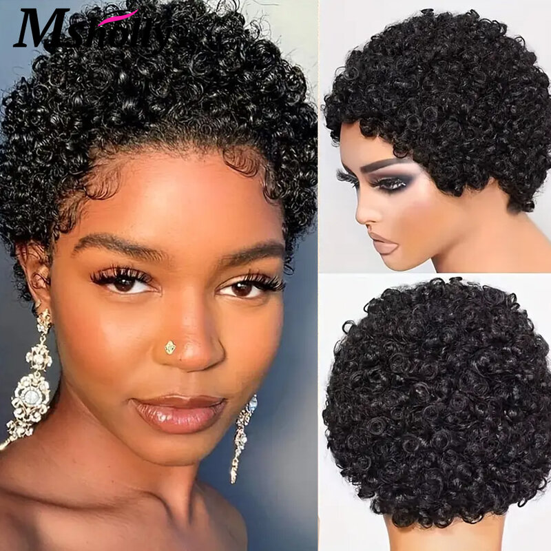 Peruca curta de corte Pixie para mulheres negras, perucas de cabelo humano Remy, Afro Kinky Curly, máquina completa feita, peruca brasileira sem cola