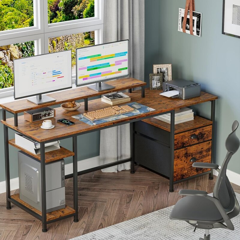 Computerdesk con ripiani e cassetti, scrivania da ufficio con file in tessuto, scrivania con ampio espositore, scrivania da studio per l'home office