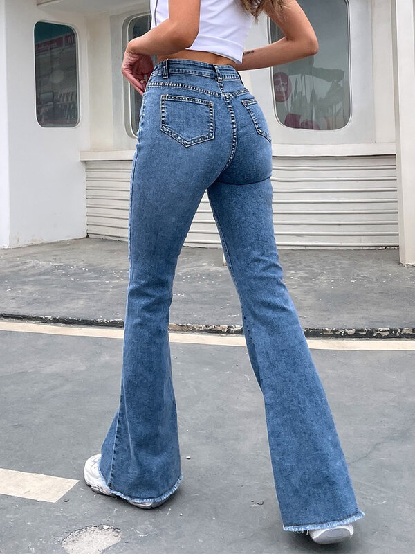 Benuynffy Celana Jeans Lebar Hem Mentah Wanita Fly Kancing Model Musim Gugur Celana Denim Wanita Jeans Ramping Panjang Penuh Pinggang Tinggi Jeans Wanita