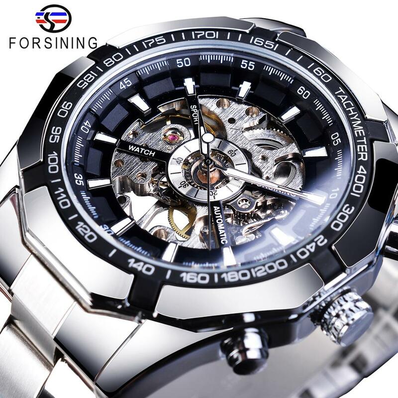 Forsining 2021 ze stali nierdzewnej wodoodporne męskie zegarki szkieletowe Top marka luksusowe przezroczyste mechaniczne sportowe męskie zegarki na rękę