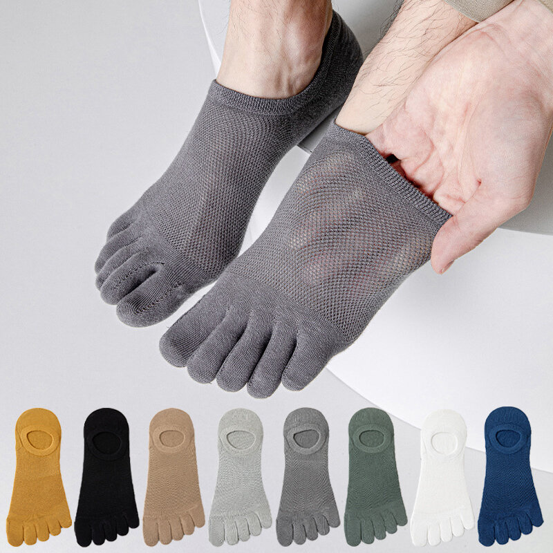3Pairs Running Men's Open Toe Socks Elastic Short Solid Cotton Sweat-absorbing Man Five Finger Invisible Low Cut Boat Ankle Sock
