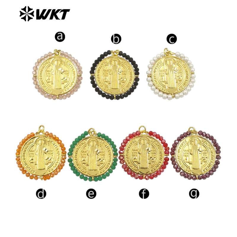 WT-MN991 baru modis bulat bentuk liontin dengan warna-warni kristal manik-manik kuning kuningan perhiasan temuan untuk wanita