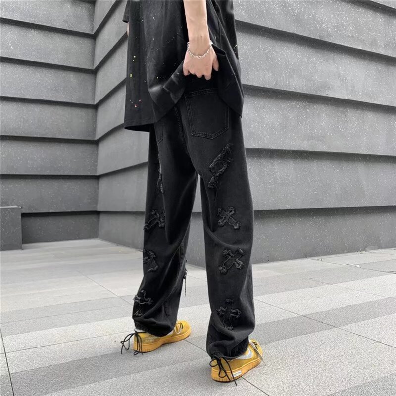 Cross black jeans for men and women, spring and autumn new fashion retro hip-hop trend loose wide leg straight leg jeans for men