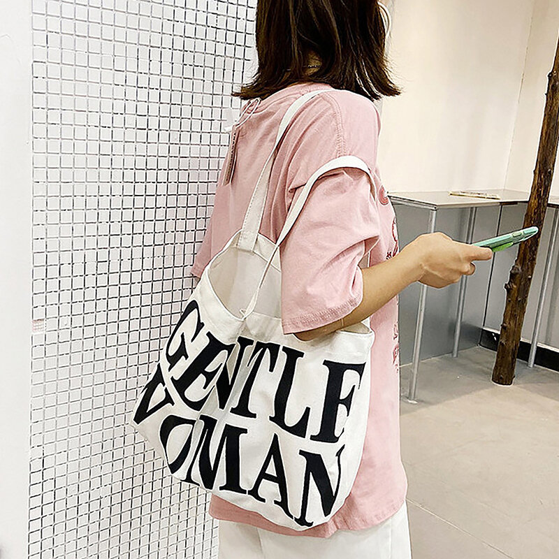 Bolsa tiracolo lona de grande capacidade, bolsa de ombro casual simples, letra inglesa do slogan, moda estilo coreano criativo