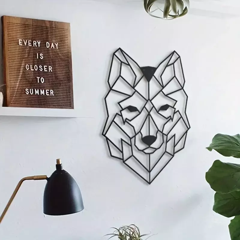 Tête de loup géométrique en métal pour salon et bureau, art mural, ornement, artisanat en fer noir, silhouette, cadeau