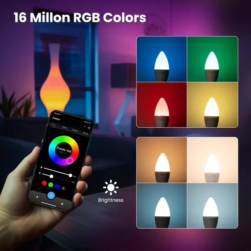 MOES Tuya Matter WiFi Smart Bulb Dimmable Led Light 16 Million RGB Colors  E14 Candle Lamp Voice Control Alexa Google Home