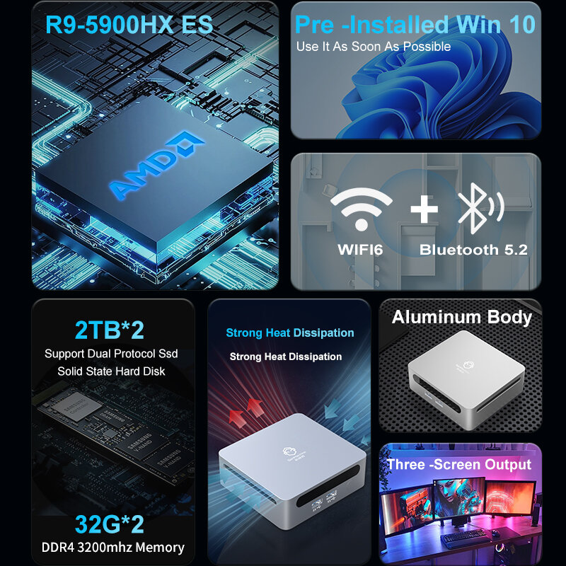 GenMachine-Mini PC Ryzen 9 5900HX ES, Windows 11, DDR4 Max, 64GB, 3,2 GHz hasta 4,6 GHz, WIFI6, nuevo