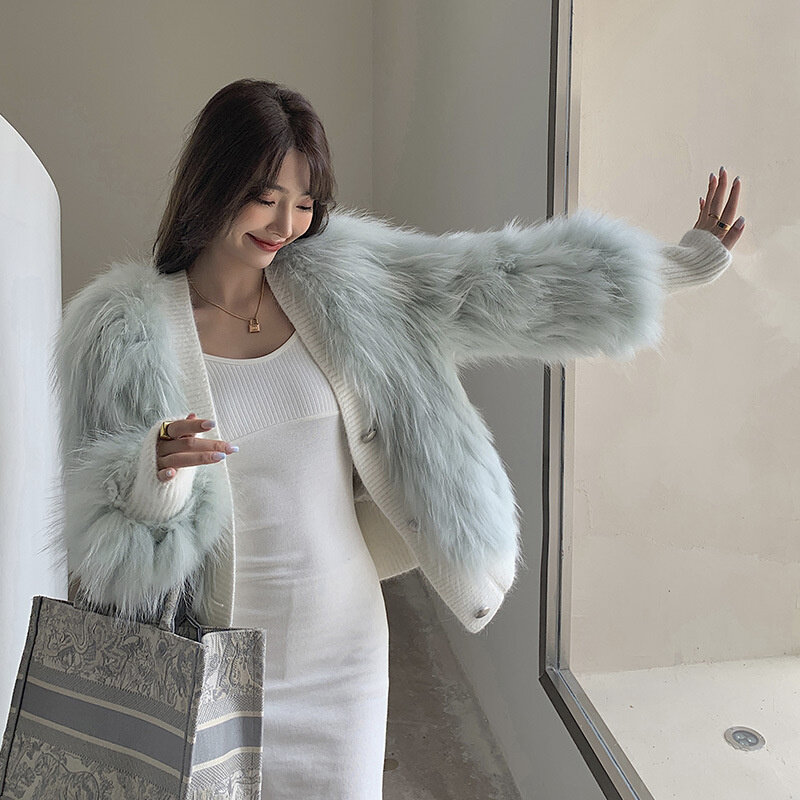 Женское зимнее пальто, корейская мода, повседневная однобортная трикотажная куртка с V-образным вырезом и натуральным мехом енота, женские меховые куртки