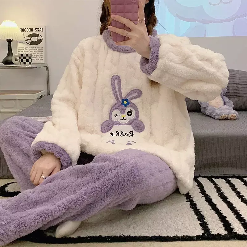 Autumn and Winter Flannel Girl Set Pajamas Cute Cartoon Cartoon Rabbit Pajamas Can Be Worn Outside for Daughter's Birthday Gifts