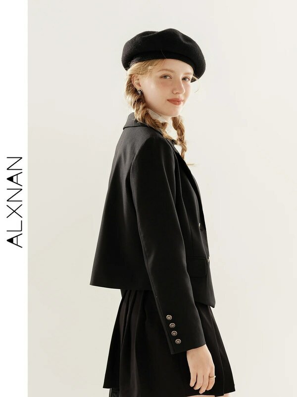 ALXNAN Women's Jacket Fashion Small Suit Tops 2024 Autumn Black Coat Clothes Loose Straight Temperament Female Blazer TM00305