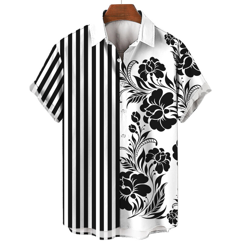 Hawajskie koszule męskie w paski kwiatowy wzór 3D drukuj Casual topy z krótkim rękawem letnie nowe mody odzież męska topy wyprzedaż koszuli