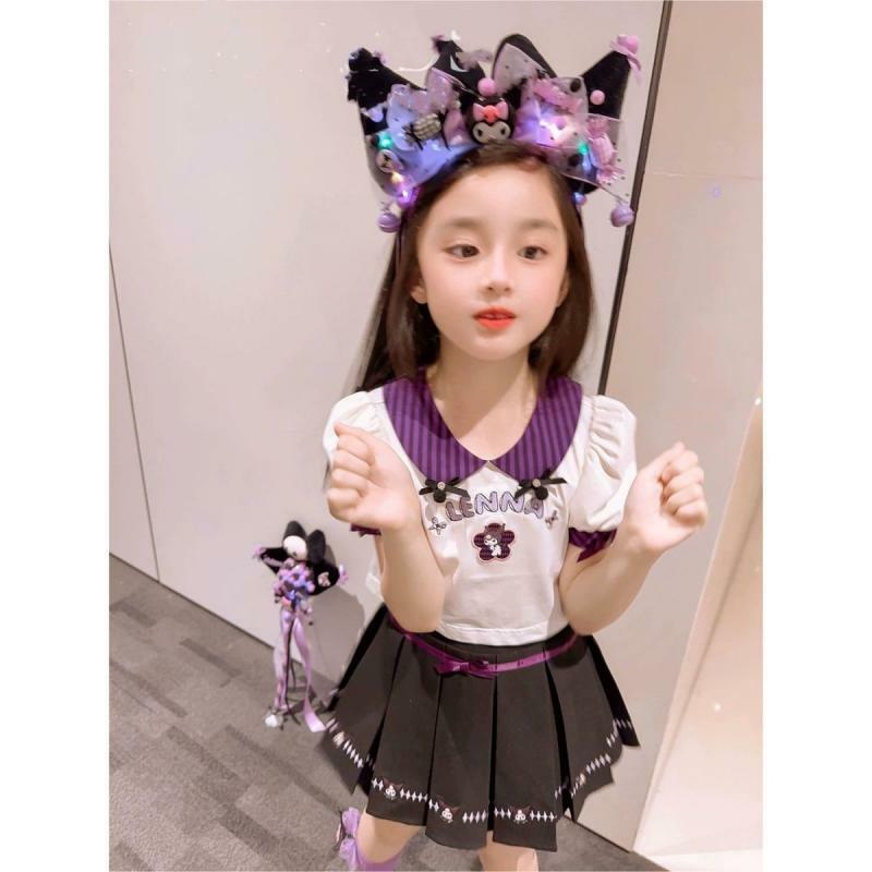 Kawaii sanrioed kuromi Kurzarmrock zweiteiliges Set Mädchen jk Uniform Falten rock adrette Mode Anzug Sommer Kinder kleidung