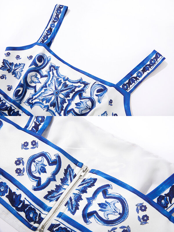 Jamerary-porcelana azul e branca de duas peças femininas, top curto com estampa de flores, roupa de praia, maxi saia, verão