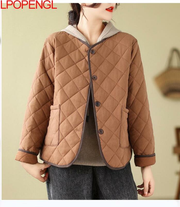 Fashion Temperament Lingge Jacket Women's Autumn And Winter Loose Casual Vintage Long Sleeves Single Breasted Cotton Short Coat