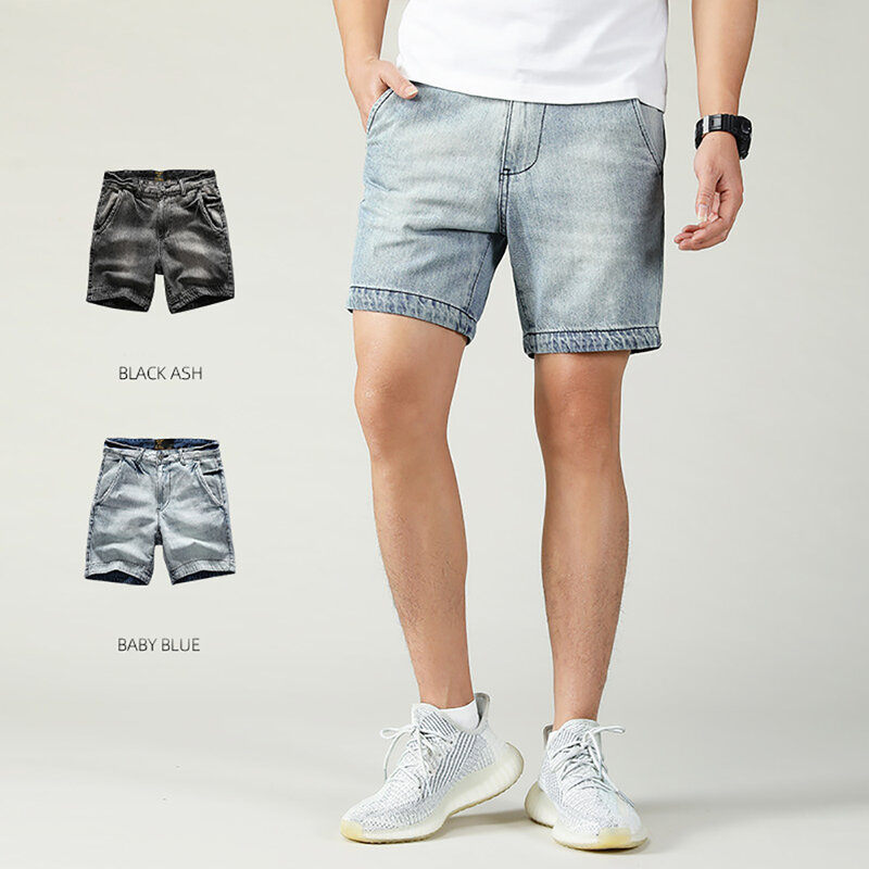 Amekaji-pantalones cortos de mezclilla rectos para hombre, ropa de calle Retro de verano, 100% algodón, longitud hasta la rodilla, pantalones vaqueros de playa, Harajuku Y2K