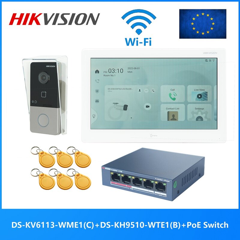 HIKVISION KIT interkom Video POE 802.3af Multi bahasa, termasuk DS-KV6113-WPE1(C) & DS-KH9510-WTE1(B) & sakelar PoE