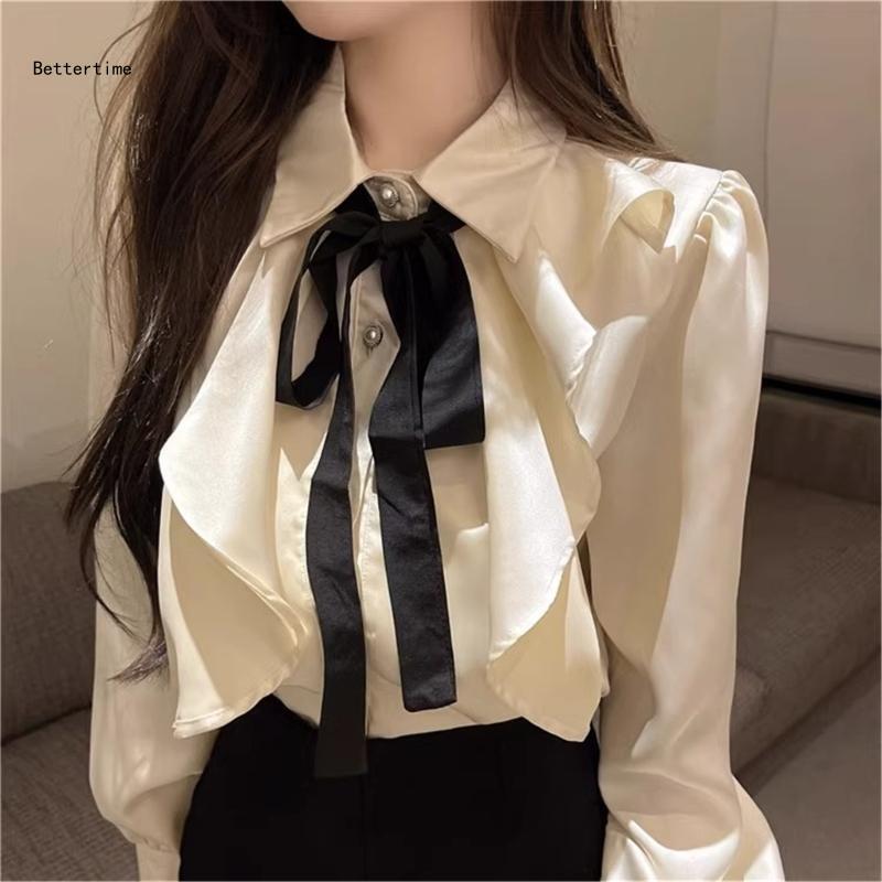 Camisa feminina sofisticada B36D com gravata borboleta e blusas delicadas manga comprida com bainha com babados
