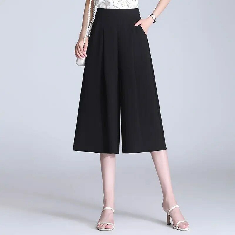 Pantalon taille haute élastique pour femme, mode coréenne d'été, jupe monochrome, poche patchwork, polyvalent, décontracté, jambe large, fjadt, nouveau