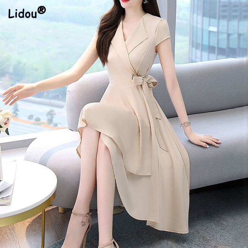 Summer New Women's Clothing 2022 Office Lady V-neck Solid Color Short Sleeve Chiffon Empire Dresses Bow Belt A-LINE Skirt
