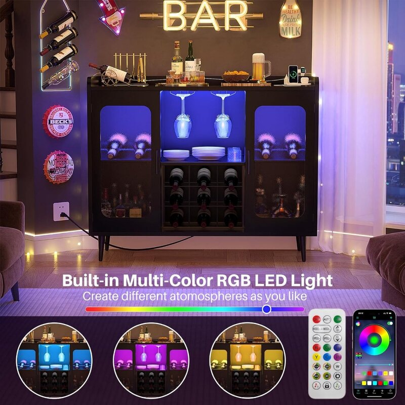 Dining Room Wine Refrigerator Liquor Cabinet Bar With LED Light and Glass Holder Buffet Sideboard With Storage Shelf for Kitchen