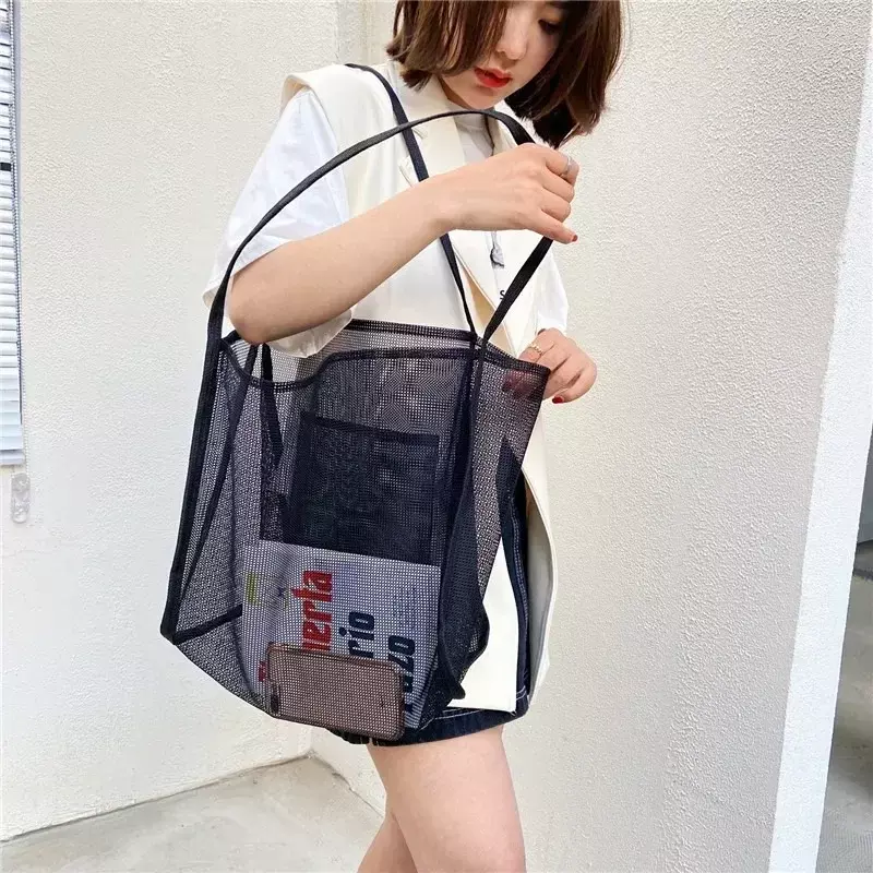 SLL06 Women Mesh Beach Travel Shoulder Bag Large Capacity Casual Totes for Holding Toys Grocery Picnic Ladies Handbag