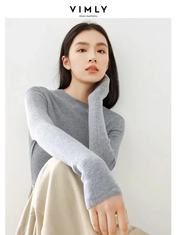 Vimly-suéter de punto de mezcla de lana de seda para mujer, Jersey ajustado de manga larga, Tops térmicos, Jerseys para mujer 2024