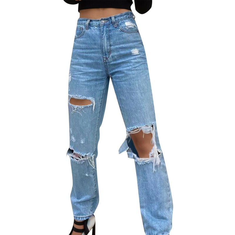 Calça jeans feminina de cintura alta larga com furos e bolsos, até o tornozelo, zíper voador, buracos, rua alta, flash, primavera, verão, 2021
