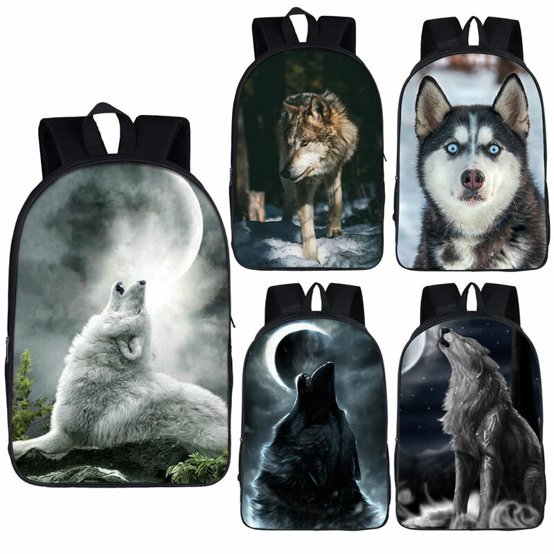 Mochila Wolf and Husky Dog Print para homens e mulheres, mochila casual, mochila escolar para adolescente, bolsa de livro estudantil, meninas e meninos