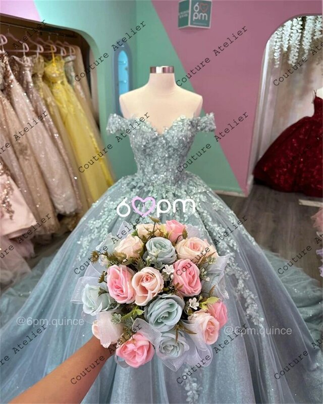Shinny z odkrytymi ramionami koronkowe aplikacje Quinceanera sukienki na suknia balowa dla dziewczynki sukienka na słodkie 15 16 vestidos księżniczki vestidos