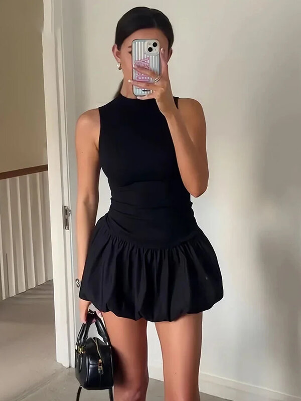 Knitted Sleeveless Mini Tank Dress Women Sexy Bodycon Backless Ruffled Patchwork Short Dresses Fashion Summer Party Vestidos