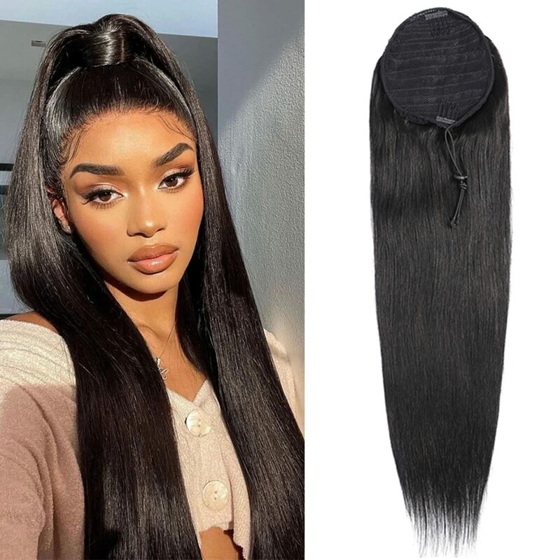 Straight Drawstring Ponytail 100% Human Hair Extensions With Clip 12-26Inch 120g Natural Black #1B Color For Salon High Quality