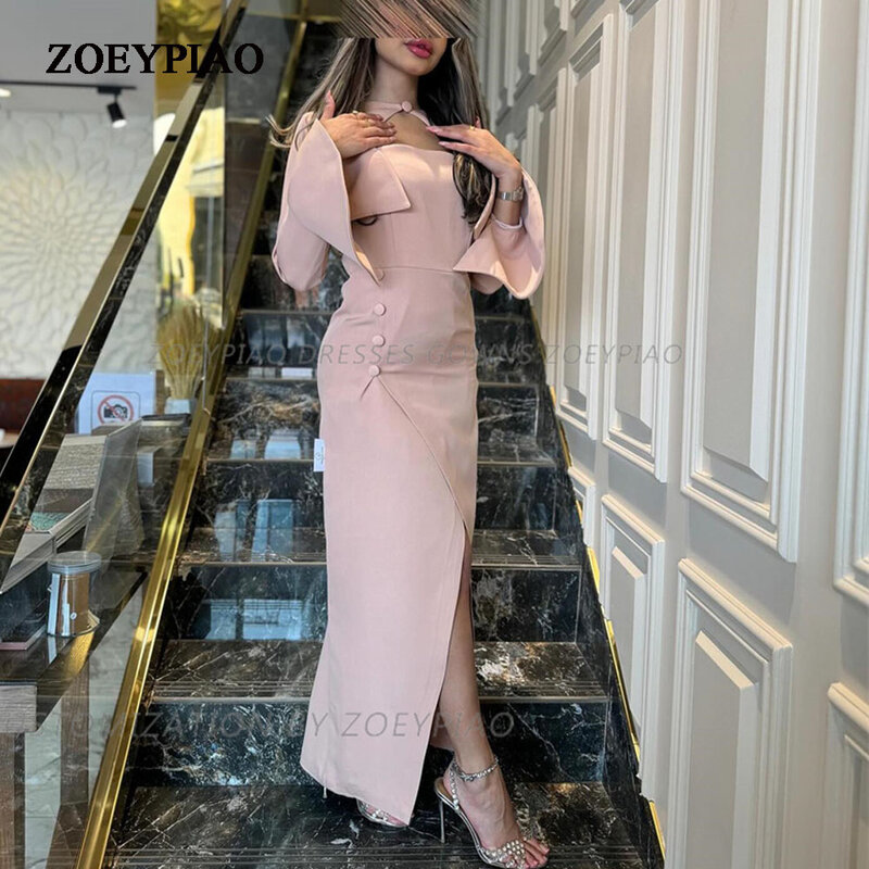 Simple Dusty Pink O Neck Satin Prom Dresses Arabic Short Slit Button Dubai Formal Casual Evening Party Gown For Women Vestidos