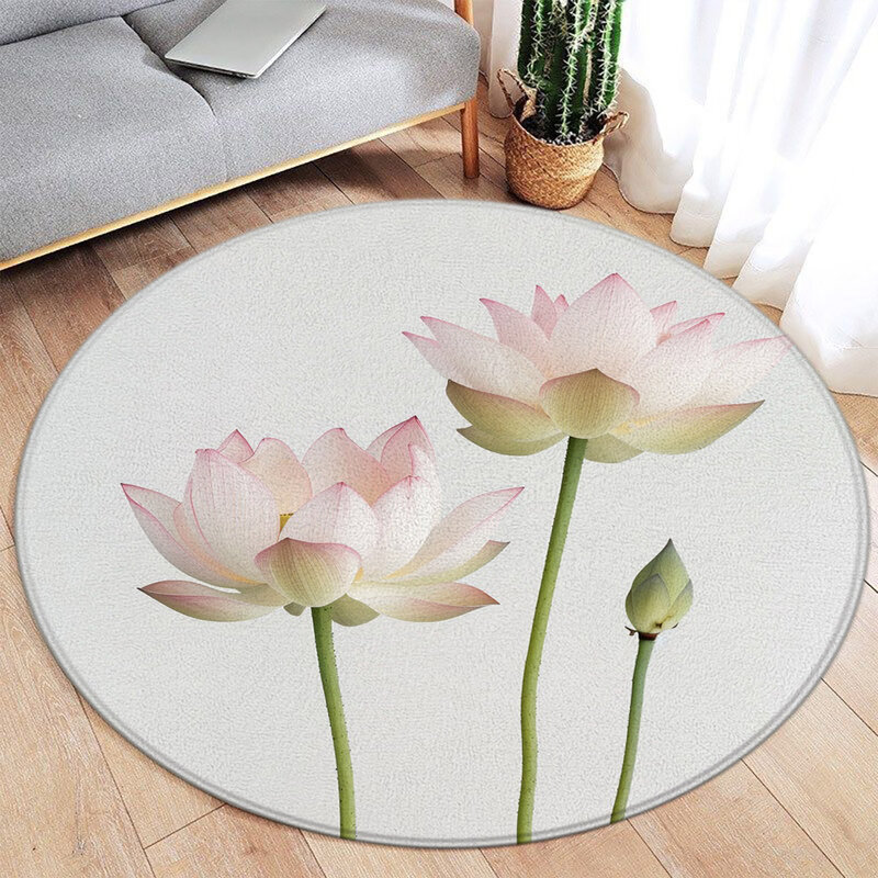 연꽃 원형 카펫 홈 데코, 핑크 선 식물, 중국 스타일 조경 연못 지역 러그, 침실 거실 라운드 러그
