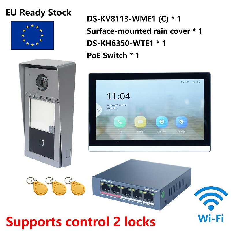 Мультиязычный комплект видеодомофона HIKVISION, 802.3af POE, включает в себя DS-KV8113-WME1(C) и DS-KH6350-WTE1 & PoE Switch