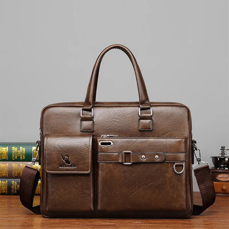 Vintage Leather Briefcases Men Business Handbag Large Capacity Tote Bag Office Shoulder Messenger Waterproof Laptop