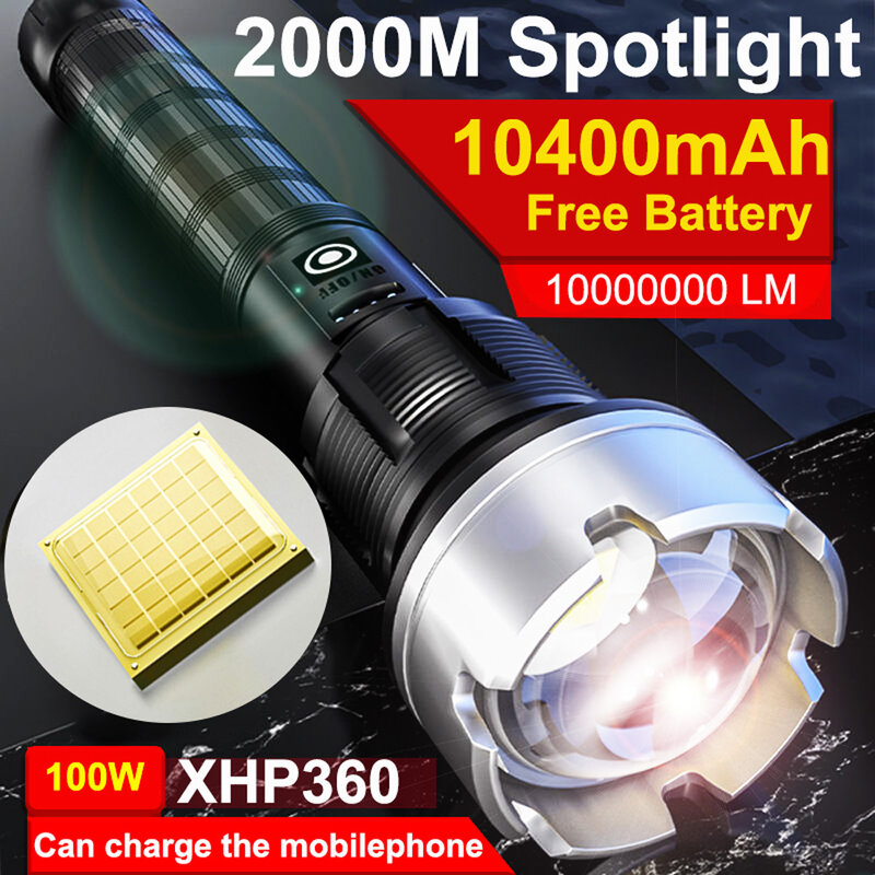 Lampe de poche tactique Led haute puissance 1000000lm 10400mAh XHP360, 36 cœurs, Super lumineux, torche Rechargeable par USB