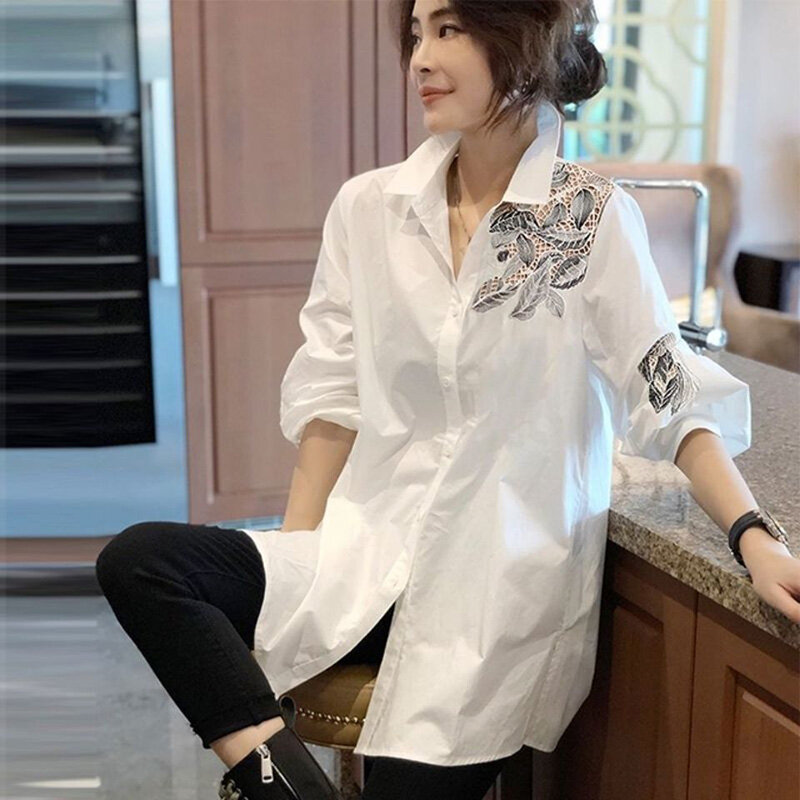 Stylish Button Spliced Embroidery Asymmetrical Shirt Women's Clothing 2022 Autumn New Oversized Casual Tops Office Lady Blouse