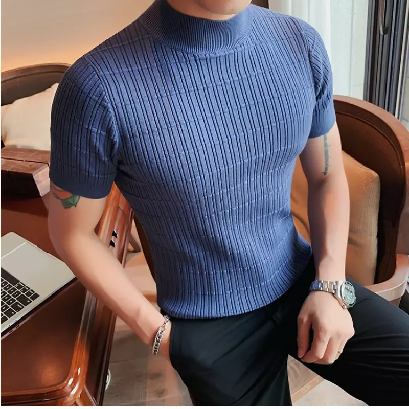 Odzież marki Wiosna Półokrągły dekolt Jednolity kolor Okrągły dekolt Koszulka w paski Moda Mężczyźni Slim Fit Casual Knitted Pullover Tee Top