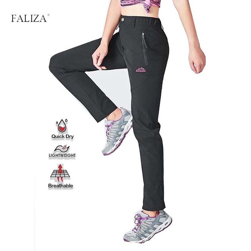 FALIZA Quick Dry Elastic Womens Pants Windproof Breathable Outdoor Climbing Trekking Hiking Cargo Slim Slight Strech Pants PFN76