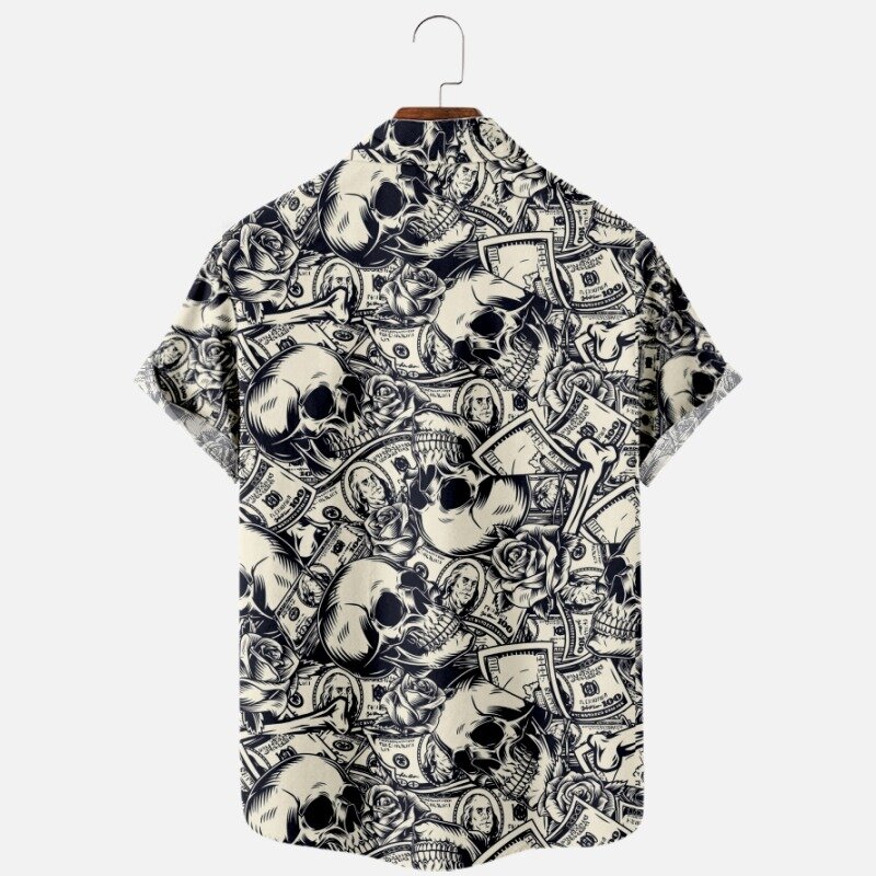 Moda masculina verão t-shirts caveira havaiana 3d impressão aconchegante casual um botão camisas de manga curta praia camisas de grandes dimensões 6