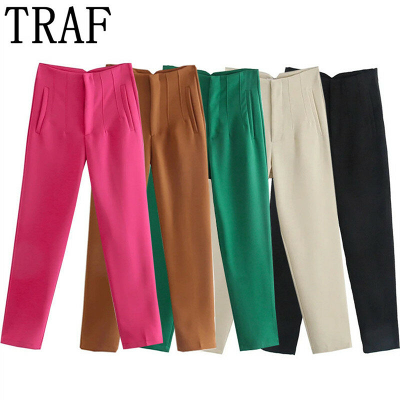TRAF-pantalones pitillo de cintura alta para mujer, ropa de calle de 28 colores, Color blanco y negro, para verano y oficina, 2024