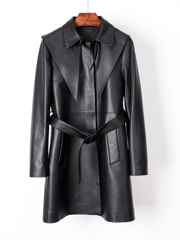 Blusão de couro Haining para mulheres, jaqueta genuína de pele de ovelha, comprimento médio, couro genuíno, cós, preço especial, 599