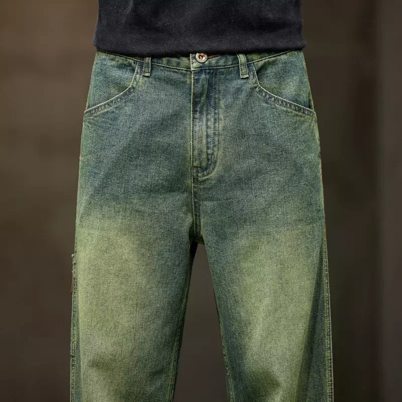 Calças largas largas masculinas, jeans com corte reto, calças jeans retrô soltas, moda streetwear, bolsos, roupas vintage, verão