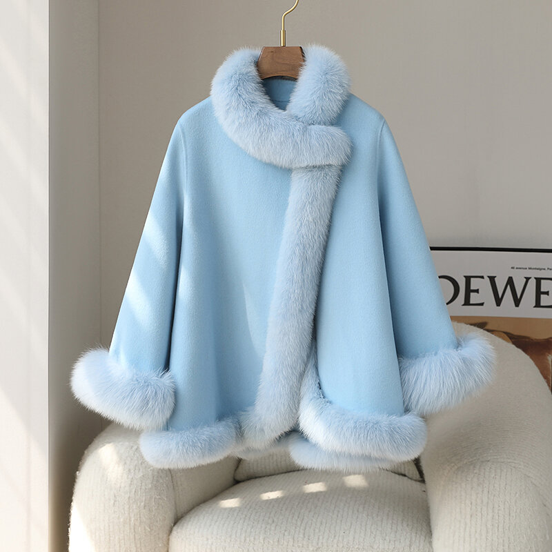 Pudi-abrigo con cuello de piel de zorro extraíble para mujer, abrigo de lana auténtica, nuevo diseño, CT222