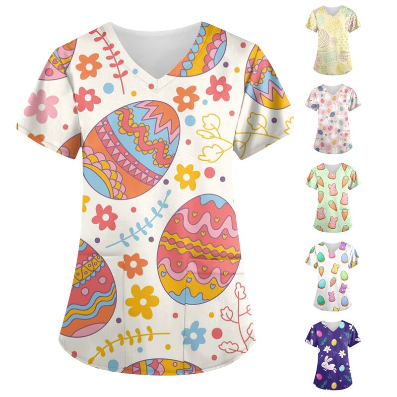 T-shirt à imprimé floral de Pâques pour femmes, uniforme de travail d'été, haut fin imprimé animal, vêtements de travail, uniformes d'infirmière, 2024