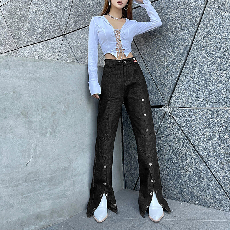 Женские джинсы с пуговицами в форме сердца Indie, однотонные широкие брюки с высокой талией, черные винтажные джинсовые брюки Y2k, весна-осень 2024