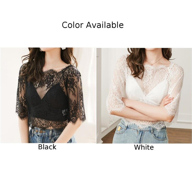 Summer Women Lace Floral Embroidery Blouses Shirt Ladies Tops Sexy Mesh Blouses Transparent Elegant See-through Black Shirt